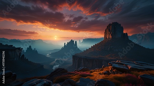 Mystical Plateaus. Glowing edges floating rocks and magical light in surreal landscapes. Realistic style. photo