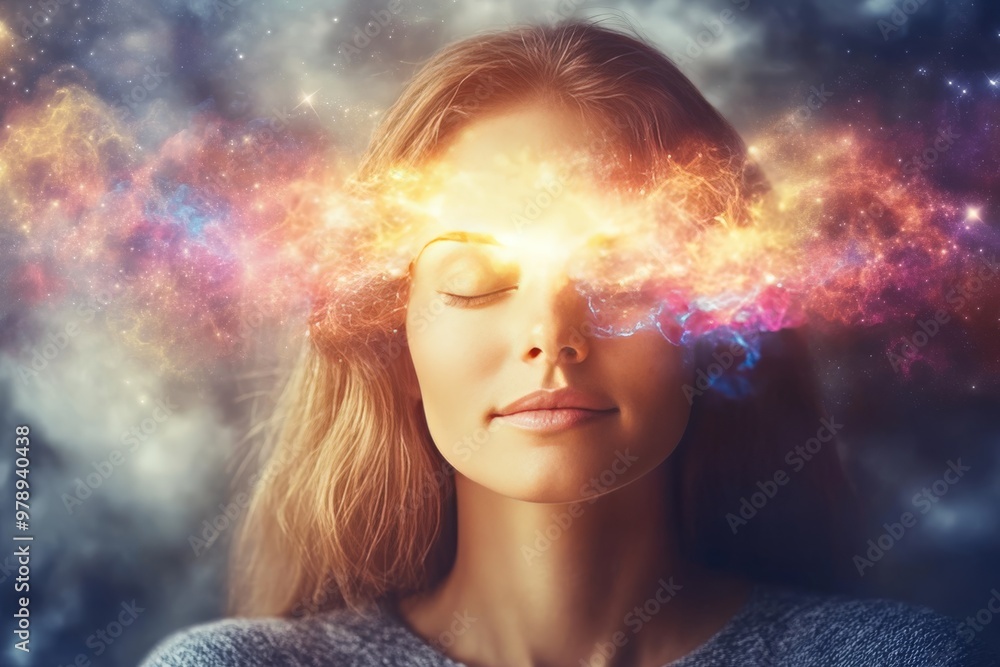 Abstract digital art of a woman’s face surrounded by vibrant nebula clouds symbolizing cosmic energy imagination and the vastness of the universe Abstract digital art of a woman’s face surrounded by vibrant nebula clouds symbolizing cosmic energy imagination and the vastness of the universe
