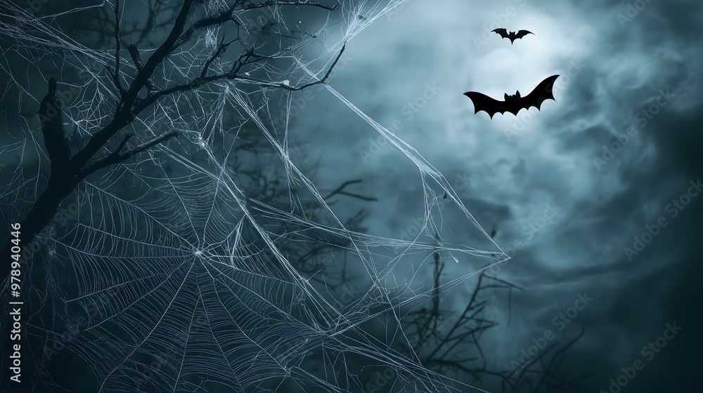 Obraz premium Spooky Full Moon with Spider Webs and Bats