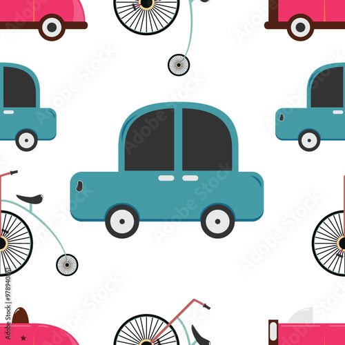 Car and penny farthing seamless pattern.