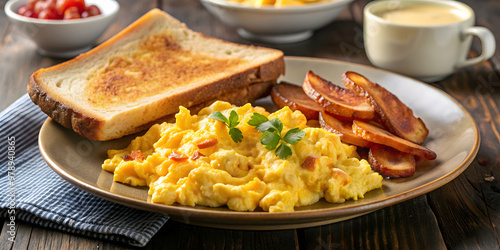 Traditional American breakfast with fluffy scrambled eggs, crispy bacon, and buttered toast , scrambled eggs, American breakfast