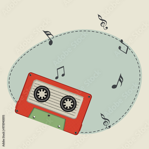 Cassette with musical notes and space.