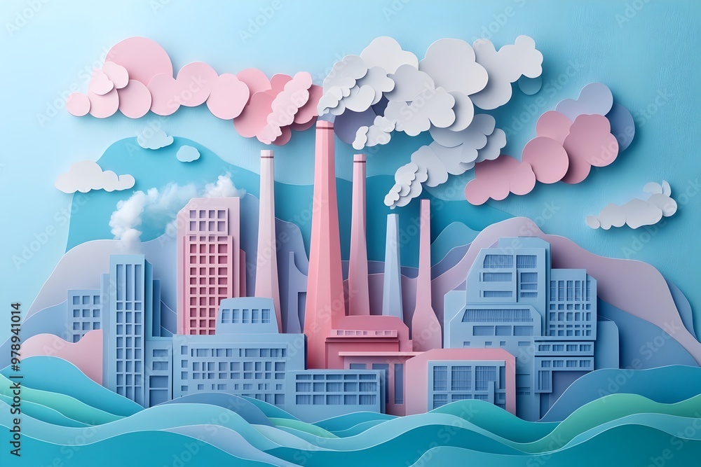 Obraz premium Stunning Papercut of an Industrial Plant Skyline with Smoke Stacks and Geometric Buildings