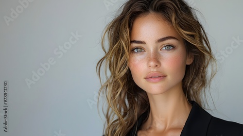 Elegant portrait of a woman with natural makeup and wavy hair against neutral background