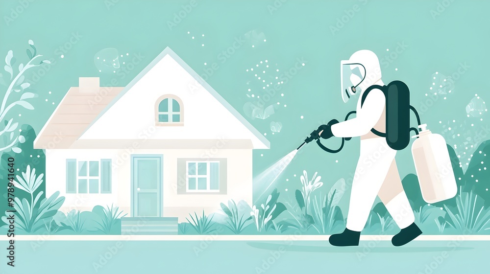 Pest Control Worker Spraying Protective Gear Around Residential House in Minimalist Landscape Pest Control Worker Spraying Protective Gear Around Residential House in Minimalist Landscape