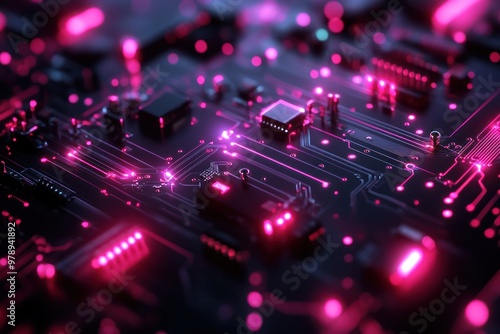 Close-up of a Circuit Board with Glowing Pink Lines