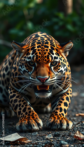 A close up of a leopard's face with a bright yellow background