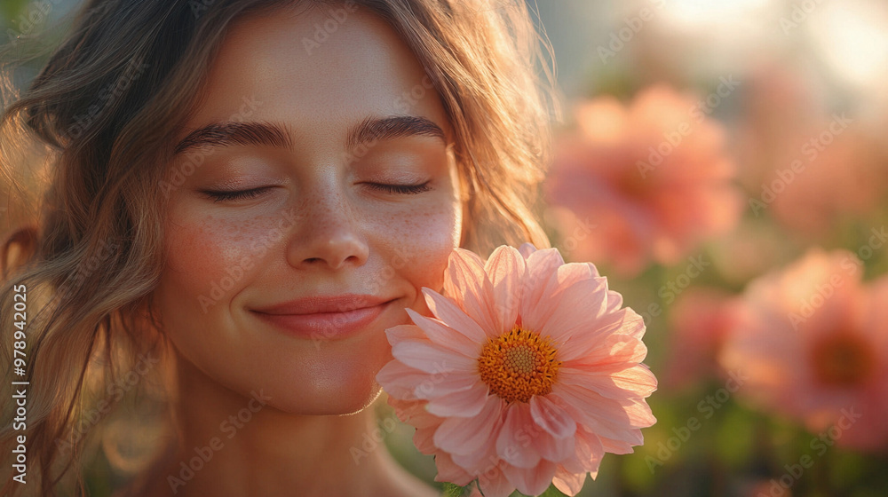 Woman enjoying a moment with a delicate flower in a garden
