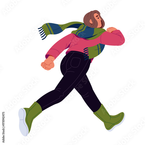 Young woman in outerwear runs. Happy girl with knitted wool scarf rushing in winter outdoor. Person in warm clothes hurries to Christmas. Flat isolated vector illustration on white background