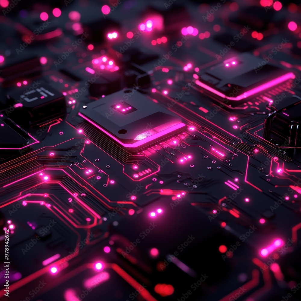 Close-up of a Circuit Board with Glowing Pink Lines and Lights Close-up of a Circuit Board with Glowing Pink Lines and Lights