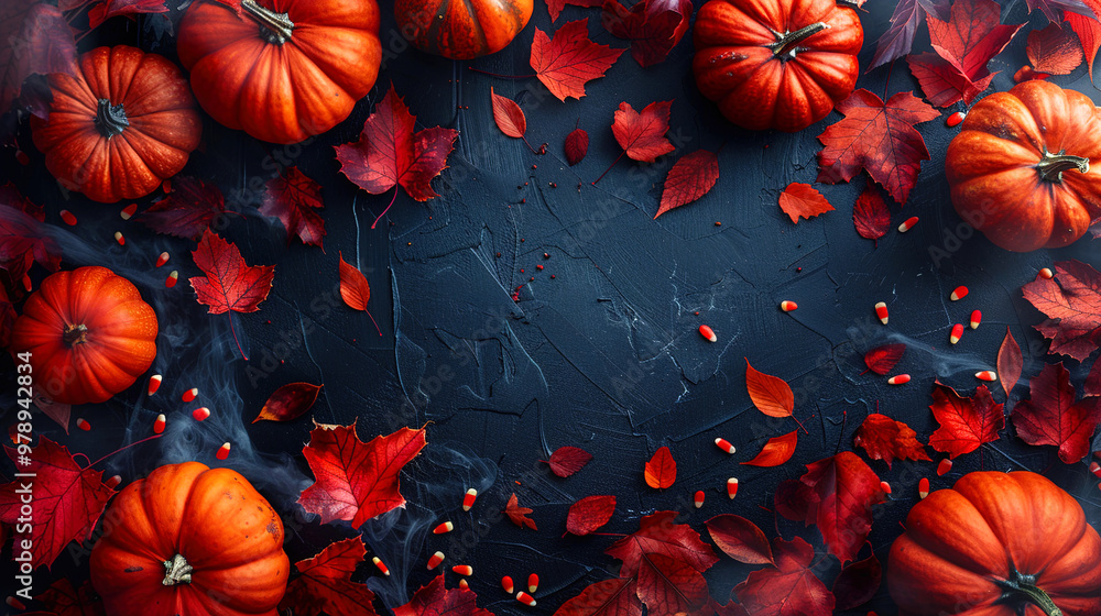 Black Background Flat Lay with Pumpkins and Leaves for Halloween Holiday Black Background Flat Lay with Pumpkins and Leaves for Halloween Holiday