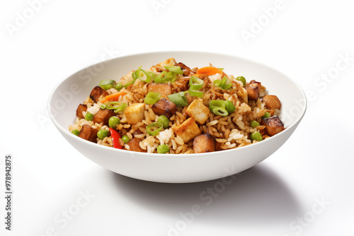 Fried rice on white background. Fried rice themes. Asian cuisine themes. Asian restaurant. Paella cooking. PNG cut out. Image for graphic designer. Image for flyers.