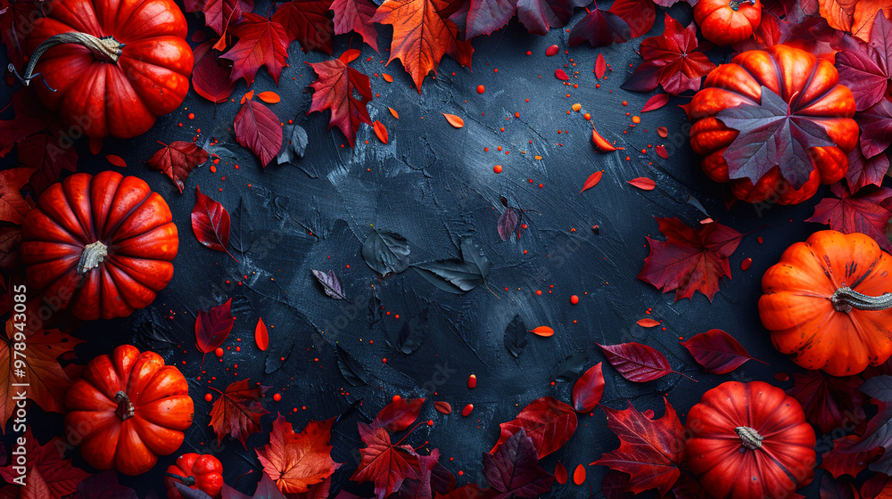 Black Background Flat Lay with Pumpkins and Leaves for Halloween Holiday Black Background Flat Lay with Pumpkins and Leaves for Halloween Holiday