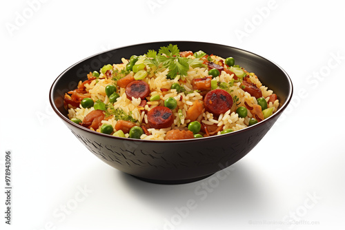 Fried rice on white background. Fried rice themes. Asian cuisine themes. Asian restaurant. Paella cooking. PNG cut out. Image for graphic designer. Image for flyers.