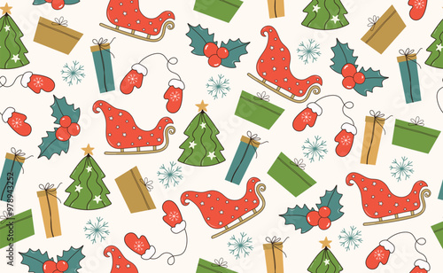 Funny Christmas seamless pattern in trendy Groovy Retro 70s  y2k style. Retro cartoon character. Cute Christmas Tree, Poinsettia, Santa Claus Sleigh, Mittens, Gift Box, Snowflake. Vector illustration.