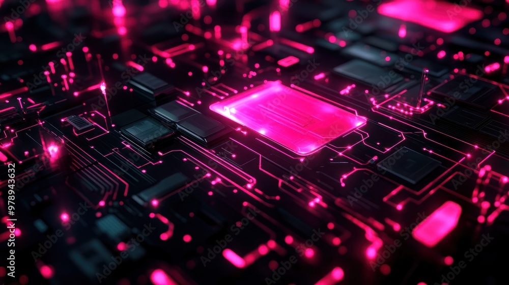 Abstract Circuit Board with Glowing Pink Lines and Components Abstract Circuit Board with Glowing Pink Lines and Components