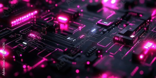 A Close-Up of a Futuristic Circuit Board Glowing with Pink Lights