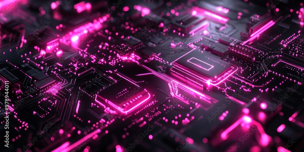 Pink Glowing Lines on a Black Circuit Board Pink Glowing Lines on a Black Circuit Board