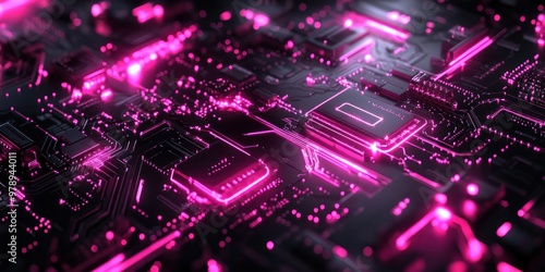 Pink Glowing Lines on a Black Circuit Board