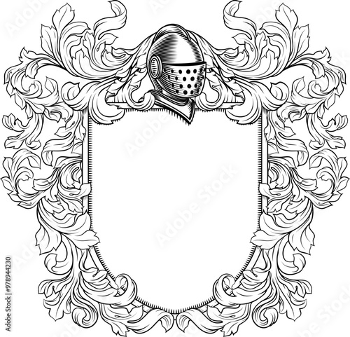Coat of arms crest knight family medieval shield heraldry heraldic armorial motif. Featuring a knights helm helmet in a vintage etching engraving woodcut style