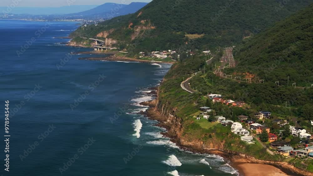 Sunny blue sky morning daytime Sea Cliff Bridge Stanwell Park Beach Tops Bald Hill tele aerial drone Wollongong NSW Australia Sydney South Coast Illawarra Coalcliff Throull train cars forward pan Sunny blue sky morning daytime Sea Cliff Bridge Stanwell Park Beach Tops Bald Hill tele aerial drone Wollongong NSW Australia Sydney South Coast Illawarra Coalcliff Throull train cars forward pan