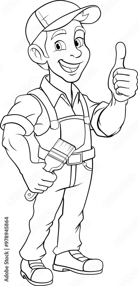 A painter decorator handyman cartoon construction man mascot character holding a paint brush tool