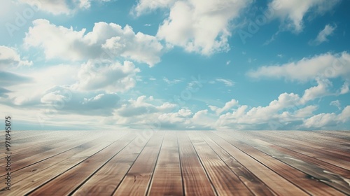 Wooden deck with blue sky and fluffy clouds, ideal for outdoor and nature concepts