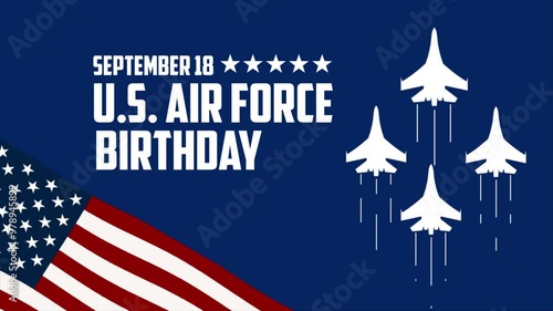 Animation footage of a US Air Force birthday jetliner against background United States flag. Suitable for opening video official broadcasts or regular annual events. 4k footage air force background