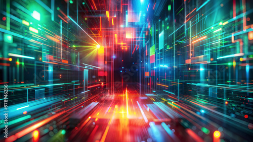 Abstract background with chromatic aberration, overlay of red, blue, and green shapes with a blur effect, digital and futuristic photo