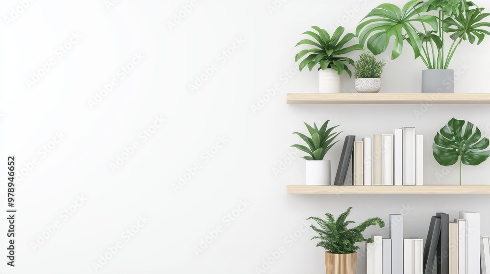 White Wall With Wooden Shelves Books Plants and Copy Space White Wall With Wooden Shelves Books Plants and Copy Space
