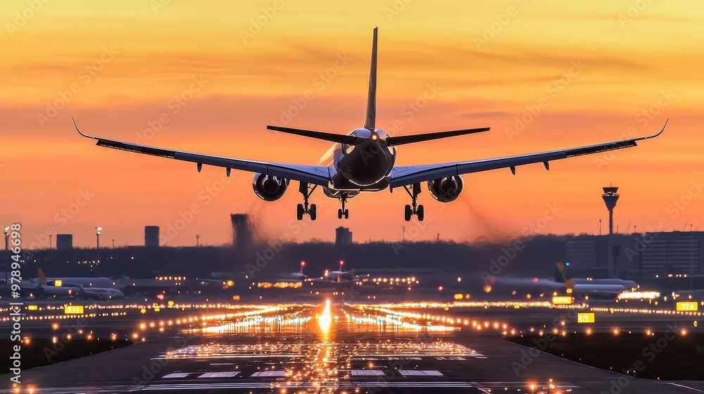 Airplane Landing on Runway at Sunset Airplane Landing on Runway at Sunset