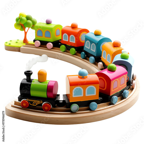 Colorful wooden toy train set with vibrant carriages and a scenic background, perfect for children's play and educational activities., transparent background photo