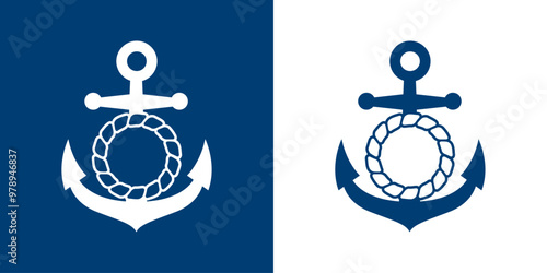 Logo nautical. Silueta de ancla de barco con marco redondo de cuerda
