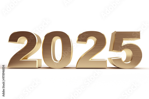 2025 happy new year.Gold metal of number. Luxury digit 3d golden and metallic with reflection on white background. For celebration, part, festival, anniversary 