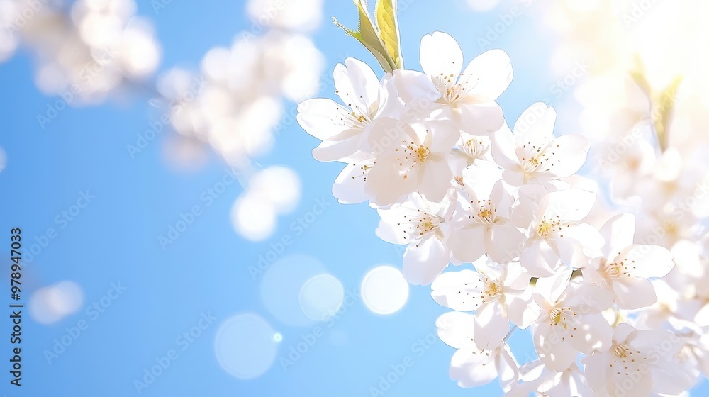 Delicate White Cherry Blossoms Against a Clear Blue Sky Delicate White Cherry Blossoms Against a Clear Blue Sky