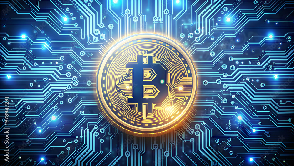 High-tech circuit board with glowing Bitcoin symbol , cryptocurrency, digital technology, advancements High-tech circuit board with glowing Bitcoin symbol , cryptocurrency, digital technology, advancements