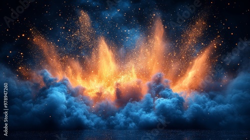 Abstract Blue And Orange Smoke Explosion With Sparks