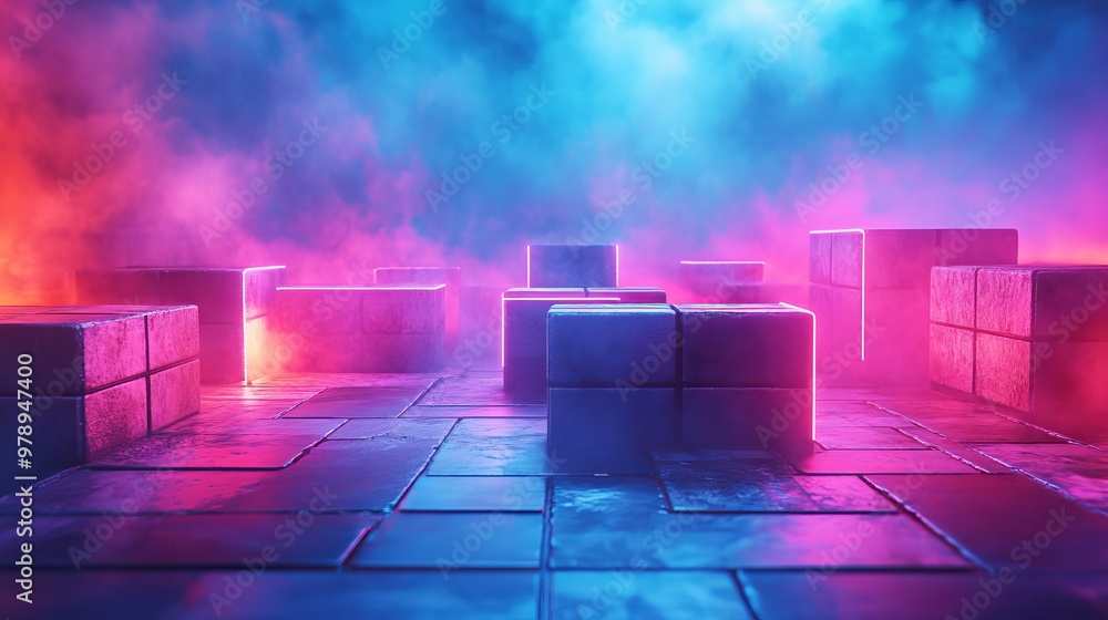 Disarray of floating bricks with sharp neon outlines, high-definition details, front view - Disruptive futuristic construction concept. Advanced tone, Analogous Color Scheme Disarray of floating bricks with sharp neon outlines, high-definition details, front view - Disruptive futuristic construction concept. Advanced tone, Analogous Color Scheme