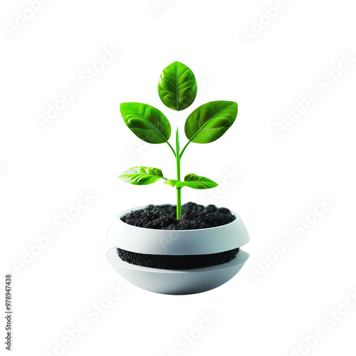 Healthy green plant sprouting in modern white pot, symbolizing growth and new beginnings. Isolated on white background., transparent background photo