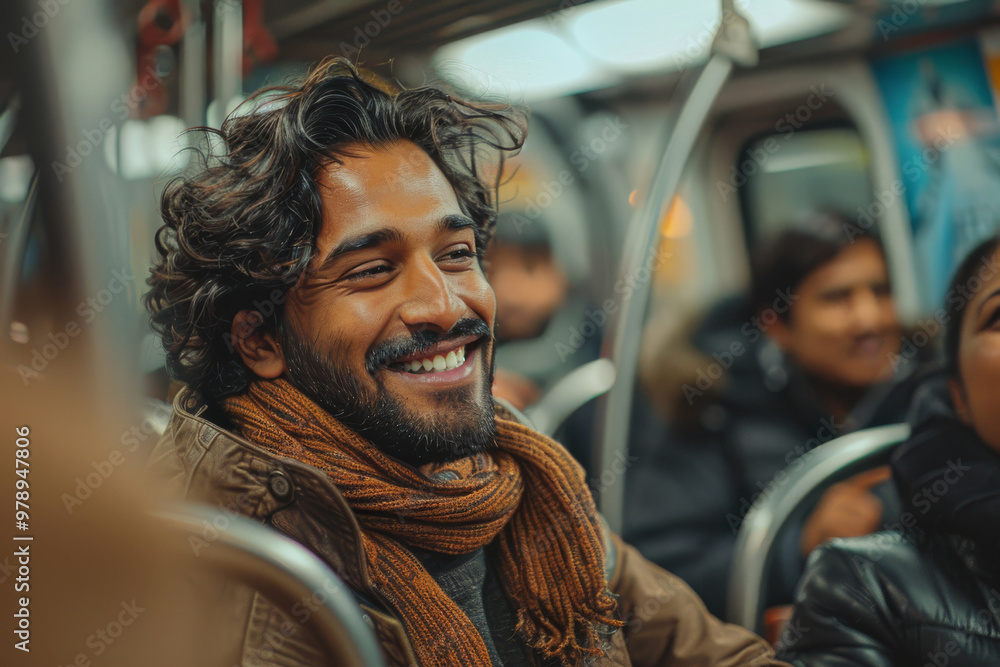 Indian man with bright smile enjoys her subway commute, capturing joy and vibrancy of daily urban life evoking sense of connection and shared experiences in bustling metropolis Indian man with bright smile enjoys her subway commute, capturing joy and vibrancy of daily urban life evoking sense of connection and shared experiences in bustling metropolis