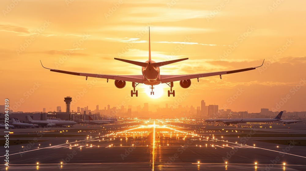 Airplane Landing at Sunset on Runway with City Skyline in Background Airplane Landing at Sunset on Runway with City Skyline in Background