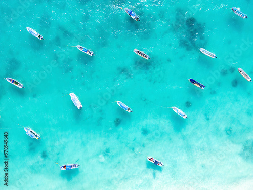 Aerial View of Boats at Riviera Maya, Tulum, Quintana Roo, Mexico photo