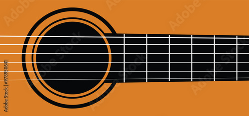 guitaGuitar body, acoustic music. Acoustic guitar, six strings. World music day. Sound hole of acoustic string. Guitar terms - headstock, body, neck, bridge, fretboardr acoustic sign. World music day. photo