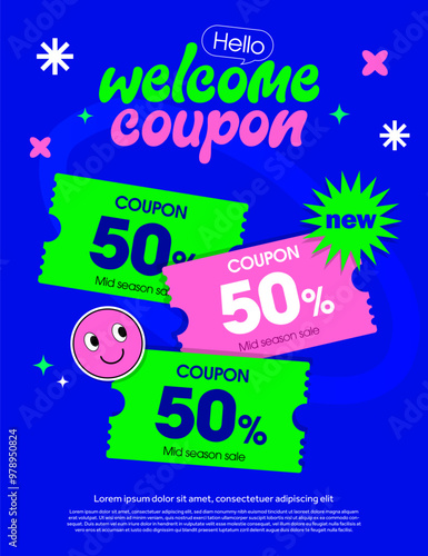 Welcome coupon banner template with coupon code, percentage off, on blue background with cute smile face icon. Gift vouchers giveaway poster. Vector illustration. Vector illustration