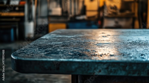 Close-up of a workbench in a warehouse, focusing on the rough metal surface and its gleam under industrial lighting. No logos or people included.