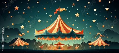 A colorful circus tent illuminated under a starry night sky with carousel and surrounding tents