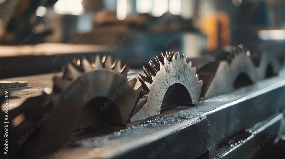 Close-up of cutting tools in a warehouse, the metal surface gleaming under industrial lighting. Sharp edges and fine details in focus. No people present. Close-up of cutting tools in a warehouse, the metal surface gleaming under industrial lighting. Sharp edges and fine details in focus. No people present.