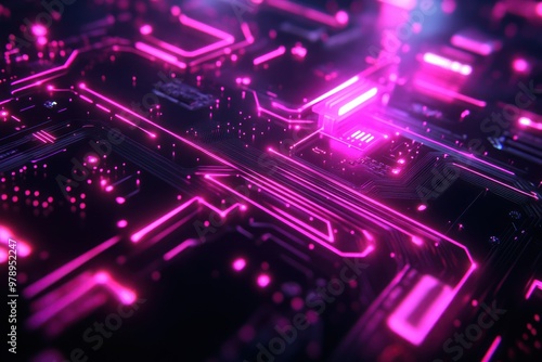 Pink Neon Circuit Board with Glowing Lines