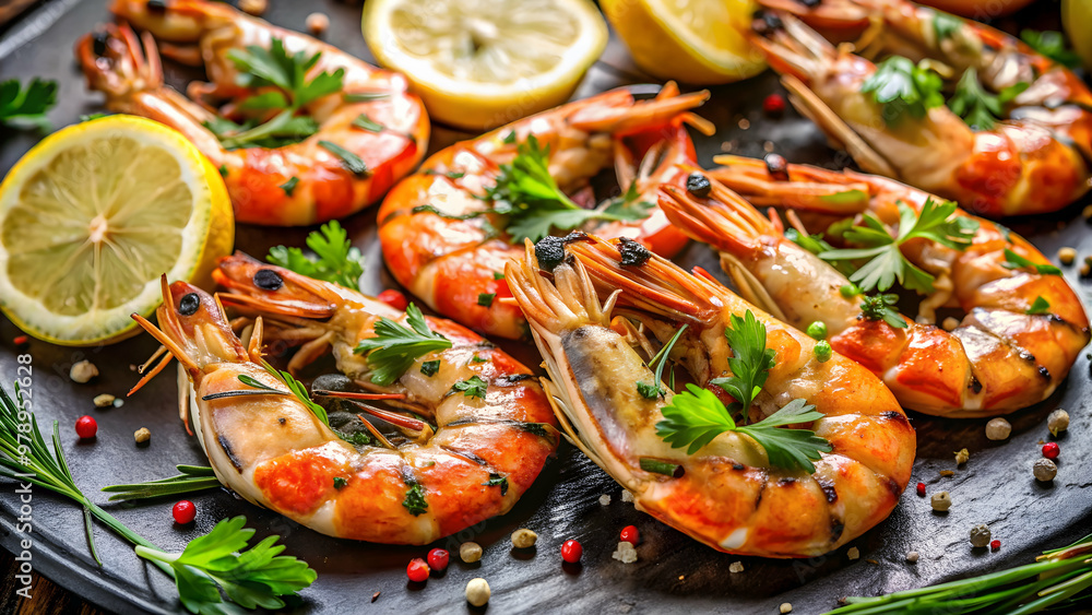 Close-up of grilled shrimp garnished with fresh herbs and drizzled with lemon wedges, food, seafood, grilled, shrimp, prawns Close-up of grilled shrimp garnished with fresh herbs and drizzled with lemon wedges, food, seafood, grilled, shrimp, prawns