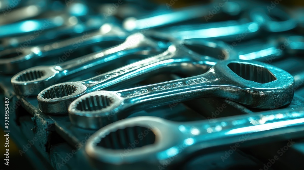 Close-up of wrenches in a warehouse, highlighting the metallic texture and sheen under industrial lighting. No logos or people present, with a sharp focal point. Close-up of wrenches in a warehouse, highlighting the metallic texture and sheen under industrial lighting. No logos or people present, with a sharp focal point.